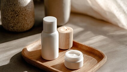 Natural skincare products on a wooden tray, sunlight