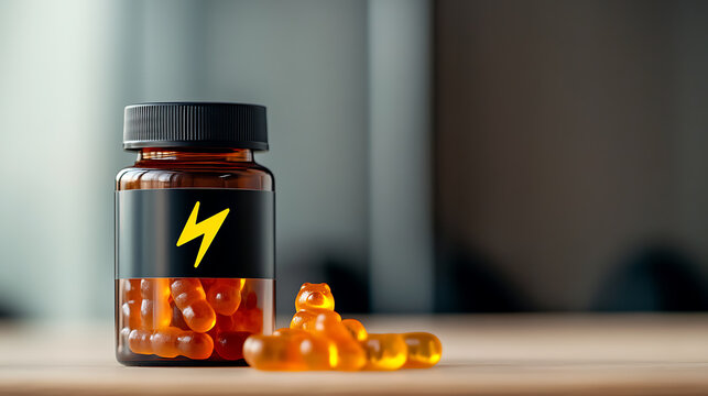 Energy boost: A bottle of gummy supplements with a lightning bolt symbol. Delicious and invigorating for a focused, active day. Perfect for your health!