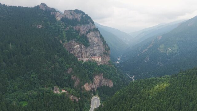 Aerial Drone View of Sumela Monastery in the Misty Mountains of Trabzon, Turkey