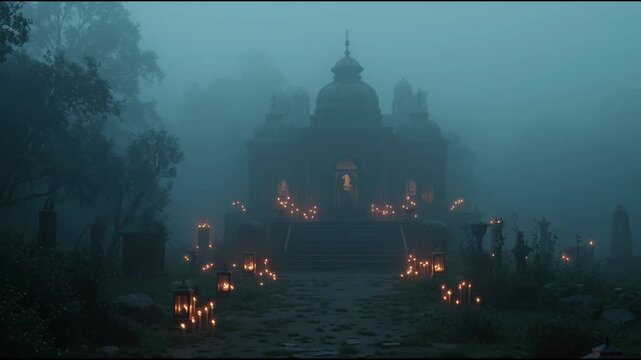  fog rolling across abandoned Slavic shrine