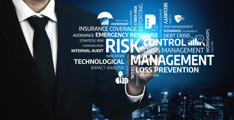 A businessman presents key concepts of risk management featuring various icons and phrases aimed at...