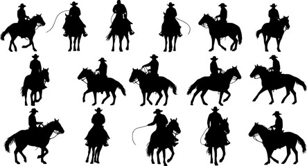 Cowboy riding horse silhouette collection, western equestrian scene, black vector illustration, ranch lifestyle, rodeo performance, cowboy culture, country horseback riding art