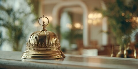 Golden bell on marble counter, hotel lobby