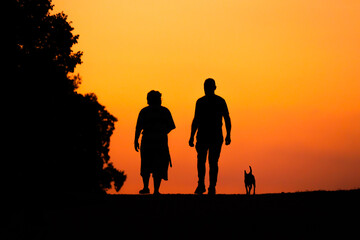 Pareja de amigos paseando al perro atardecer 