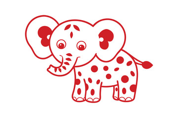 Red cartoon elephant with spots and big ears stands cheerfully on white background