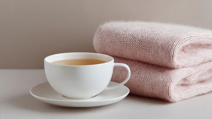 White cup of tea and a stack of folded pink towels on a white surface. the cup is placed on a saucer and the towels are neatly folded and stacked on top of each other.