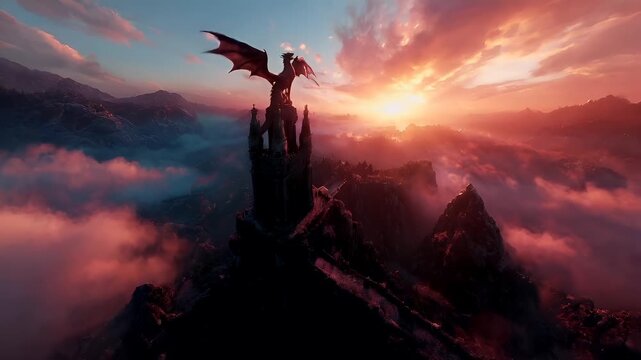 A vivid, fantasythemed digital artwork featuring a majestic dragon perched atop a towering castle. The dragon, with its wings spread wide, hovers gracefully against a backdrop of a fiery sky.