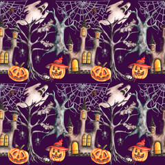 Halloween watercolor seamless pattern. Gothic. Fear, horror. Halloween party. Ghosts, spiders, bats, pumpkins, cobwebs, castle. Purple background. For printing on wrapping paper, stickers, invitations