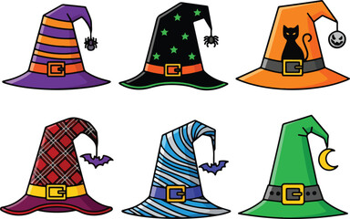 Colorful Halloween Witch Hat Icon Pack: Set of 6 Different Witch Hat Illustrations with Unique Designs on a White Background