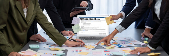 Analyst team use sticky note for creative and analytic brainstorm for business idea with BI data dashboard on laptop screen. Analysis financial data visualization tech for marketing strategy. Prodigy