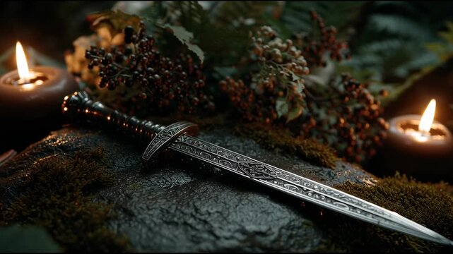 ritual dagger on mossy stone