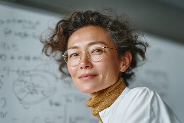 Confident female scientist in classroom setting