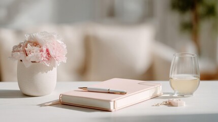 White table with a vase of pink peonies on the left side and a glass of white wine on the right side. in the center of the table, there is a pink notebook with a gold pen resting on top of it.