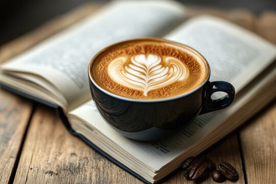 Enjoying latte art with an open book on a wooden table - Powered by Adobe