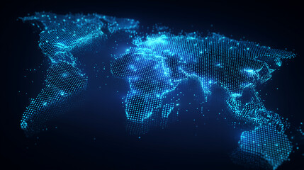 Glowing digital world map with blue light particles on dark background
