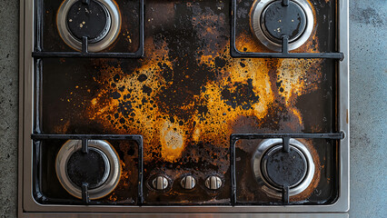 grease stains on stovetop, cleaning product advertising, home product blog illustrations,  household tutorials, before-and-after cleaning visuals, home appliance care guides, product demos.