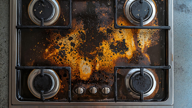grease stains on stovetop, cleaning product advertising, home product blog illustrations,  household tutorials, before-and-after cleaning visuals, home appliance care guides, product demos.