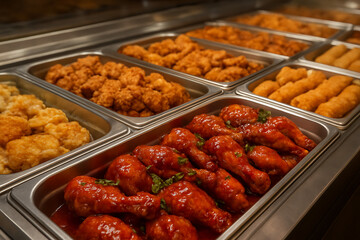 A high angle, close up shot of a restaurant buffet showing a variety of different food options in stainless steel warming trays including chicken drumsticks and fried items