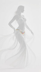 Monochrome translucent illustration of a white silhouette of a woman in an evening dress. Vector graphics. EPS.