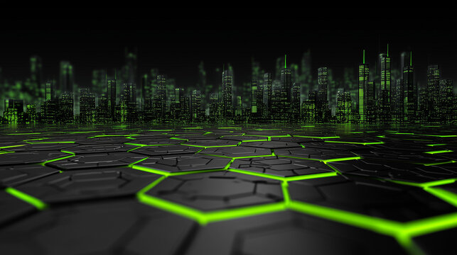 Futuristic Hexagonal Grid with Glowing Green City Skyline
