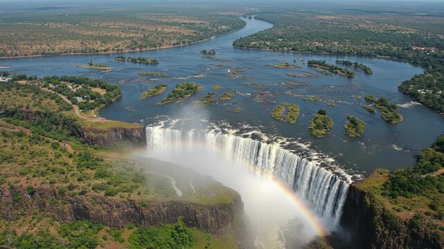 Victoria falls aerial view with rainbow and zambezi river
