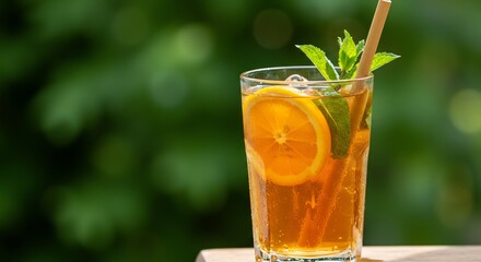 Glass of iced tea with orange slice and mint on a wooden surface