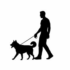 Man walking dog silhouette in profile on with leash isolated on white background Vector Illustration