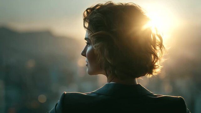 Female leader smiling against skyscraper background, sunlight reflection on glass, banner compositionleadership banner, businesswoman, urban office, modern executive, success symbo