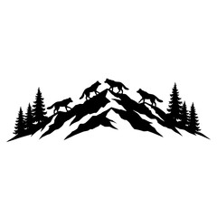 Silhouette of wolves on mountain peaks amidst pine trees for nature and wildlife designs isolated on white background Vector Illustration