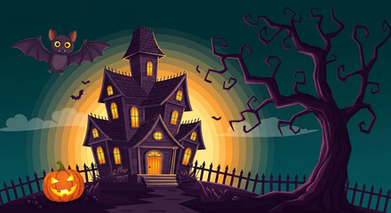 Haunted house illustration, bat, pumpkin, spooky tree, Halloween theme, dark fantasy scene, perfect for greeting cards or party invitations