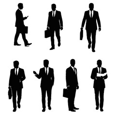 Businessmen silhouettes collection diverse poses carrying briefcases professional figures standing and walking isolated on white background Vector Illustration