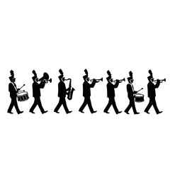 Marching band silhouette performers playing instruments lively procession music ensemble isolated on white background Vector Illustration