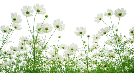 Fototapeta premium A lush field of white cosmos blossoms with green leaves and stems isolated on transparent background