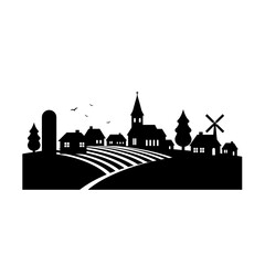Fototapeta premium Black silhouette of a charming rural village with farmland and a church tower scenic landscape isolated on white background Vector Illustration