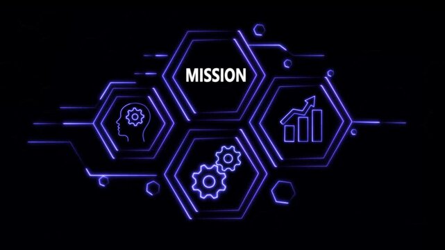 Abstract neon Hud knowledge ability business gear icon Glowing neon line concept. Glowing "MISSION" button in German on a futuristic, abstract wave technology om black background.
