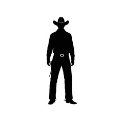 Silhouette cowboy standing tall iconic western figure with hat and belt buckle isolated on white background Vector Illustration