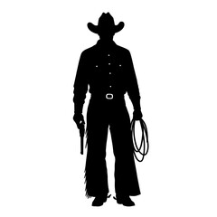 Silhouette of a cowboy holding a revolver and lasso ready for the wild west isolated on white background Vector Illustration