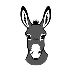Friendly donkey head portrait featuring large expressive eyes and long ears isolated on white background Vector Illustration