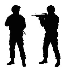 Silhouette of two soldiers one standing ready one aiming a rifle military combat figures modern warfare art isolated on white background Vector Illustration