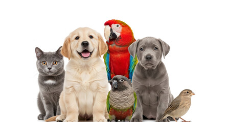 Group of pets: cat, puppies, parrots, bird on white background, showcasing animal companionship and diversity, ideal for pet adoption or veterinary services