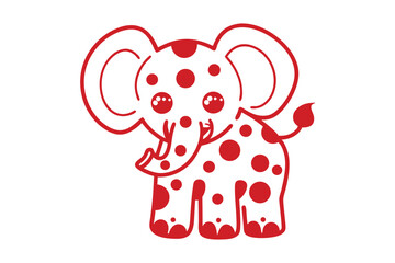 Red polka dotted cartoon elephant poses with its trunk up on a white background