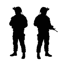 Silhouette of two soldiers in tactical gear holding rifles ready for action military elite forces isolated on white background Vector Illustration