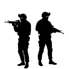 Two silhouette soldiers holding assault rifles ready for action military theme isolated on white background Vector Illustration