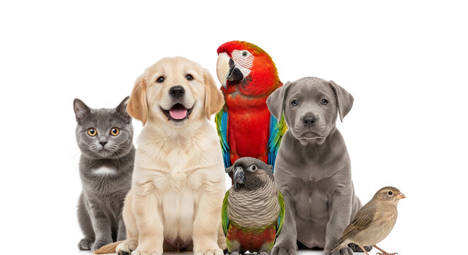 Group of pets: cat, puppies, parrots, bird on white background, showcasing animal companionship and diversity, ideal for pet adoption or veterinary services