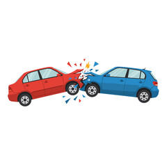 Red sedan and blue hatchback car collision accident depicting traffic safety and vehicle impact scene isolated on white background Vector Illustration