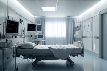 Modern hospital room with bed and monitors located in a clean, bright environment