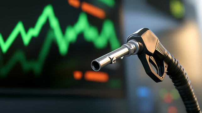 Fueling the Market: Gas nozzle symbolizes energy trends reflected in fluctuating stock graphs, highlighting the relationship between fuel and finances.