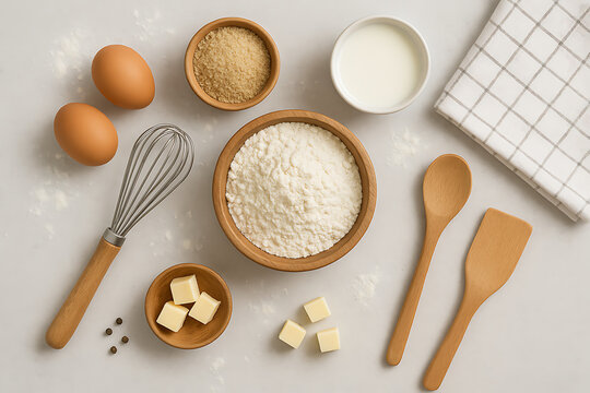 top view of essential baking ingredients like flour, sugar, butter, eggs, and a whisk arranged on a clean white countertop - Powered by Adobe