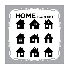Black and White Home Icon Set with Ornate Border Design Featuring Simple Home Illustrations