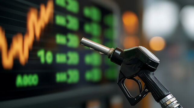 Fuel nozzle in focus against a backdrop of market data. Rising prices and economic indicators. Finance meets mobility. Energy and market trends.